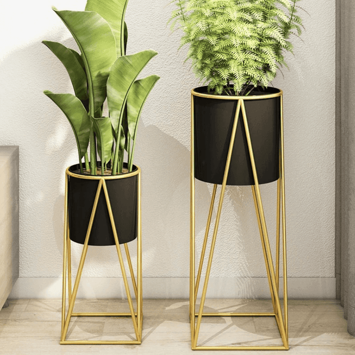 Porta Macetero Pedestal Maceta Plantas Negro Dorado Mediano - Fliperex