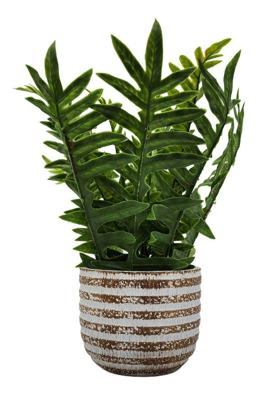 Planta Artificial Tropical Macetero Ceramica Lineas Blancas - Fliperex