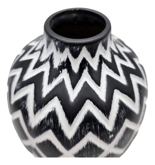 Florero Cerámica Diseño Étnico Zigzag Vintage Blanco Y Negro - Fliperex