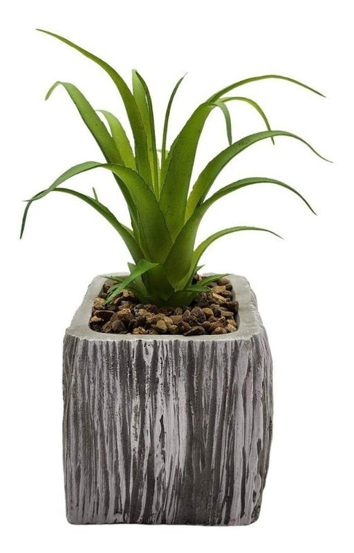Planta Artificial Macetero Cerámica Vintage Cubo Gris Líneas - Fliperex