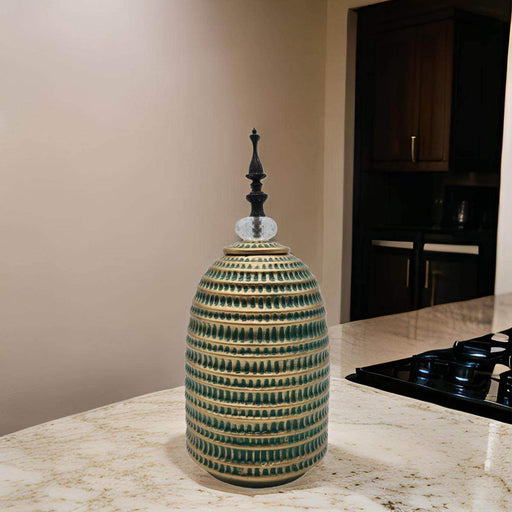 Jarron Florero Ceramica Decorativo Verde Con Dorado Egipcio - Fliperex