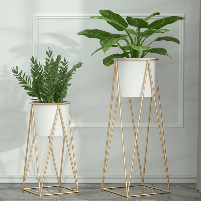 Porta Macetero Pedestal Maceta Plantas Blanco Dorado Mediano - Fliperex