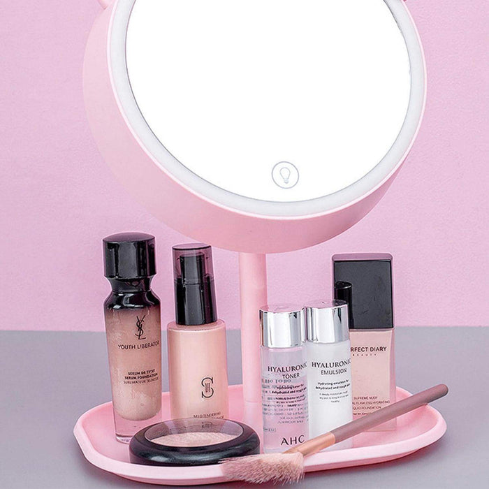 Espejo De Maquillaje Gato Rosado Con Luz Lampara 2 En 1 - Fliperex