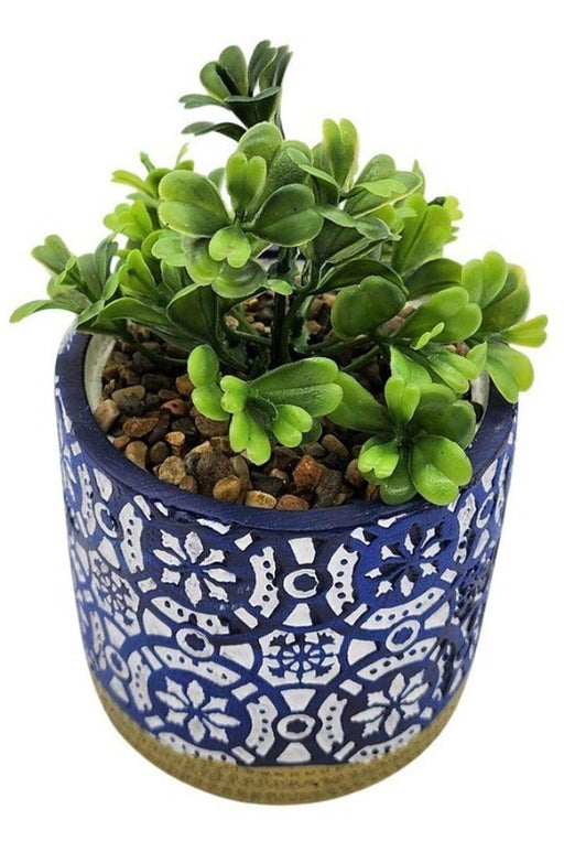 Planta Artificial Macetero Cerámica Antiguo Vintage Azul - Fliperex