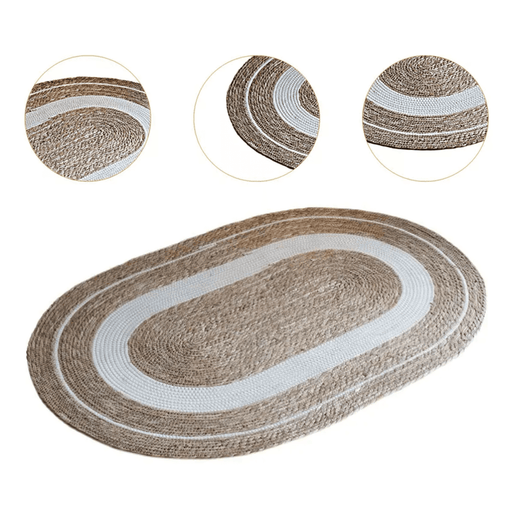 Alfombra De Yute Rustica Ovalada Natural Con Franja Blanca M - Fliperex