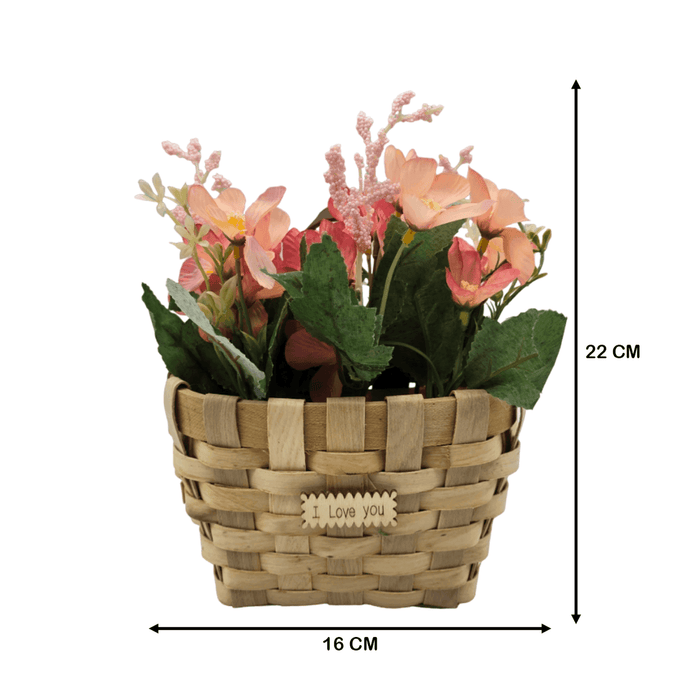 Planta Artificial Macetero Estilo Mimbre Flores Rosados - Fliperex