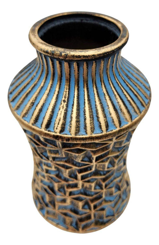 Florero Jarrón De Cerámica Diseño Nórdico Azul Con Dorado - Fliperex