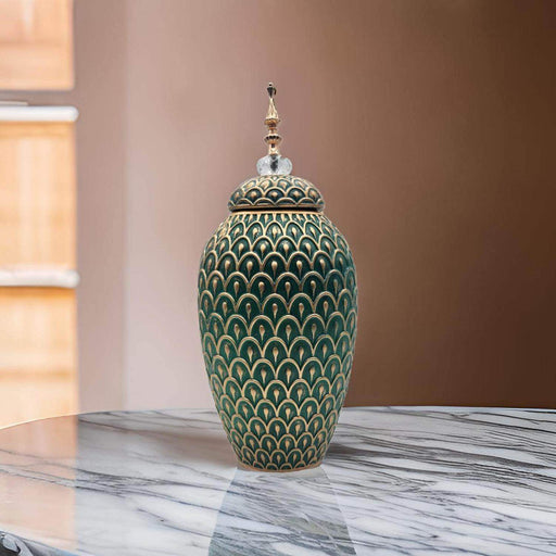 Florero Jarron Ceramica Verde Dorado Diseño Arabe Alargado - Fliperex
