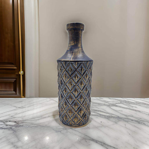 Jarron Florero Ceramica Diseño Rombos Azul Dorado Alargado - Fliperex