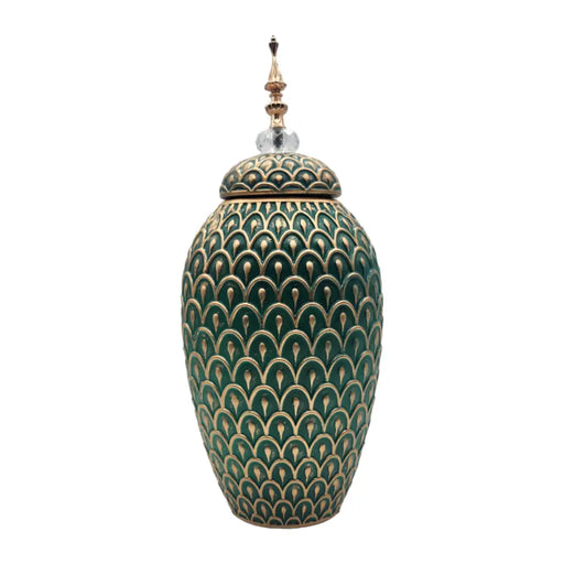 Florero Jarron Ceramica Verde Dorado Diseño Arabe Alargado - Fliperex