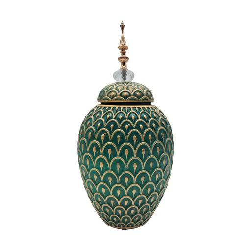 Florero Jarron Ceramica Verde Dorado Diseño Vintage Grande - Fliperex