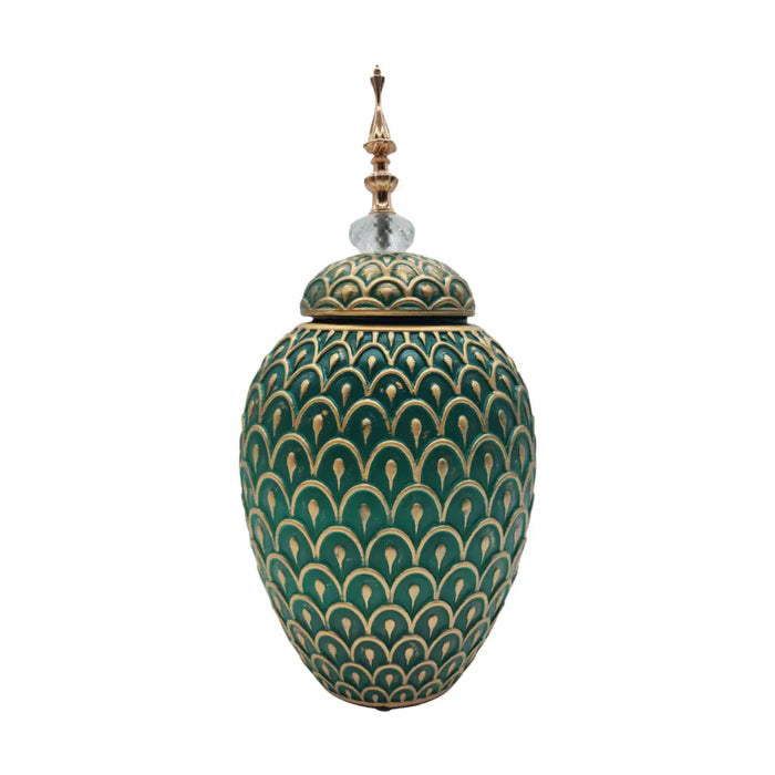 Florero Jarron Ceramica Verde Dorado Diseño Vintage Grande - Fliperex