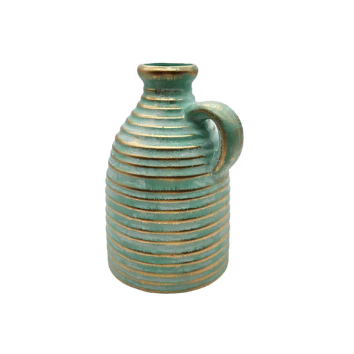 Florero Jarrón De Cerámica Diseño Verde Antigüedad Con Asa - Fliperex