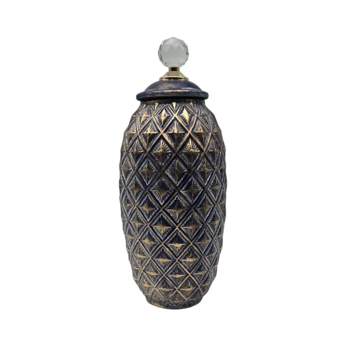 Jarron De Ceramica Decorativo Diseño Rombos Azul Mar Dorado - Fliperex