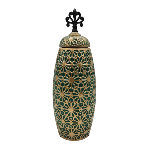 Jarron Florero Ceramica Verde Patrones En Dorado Alargado - Fliperex