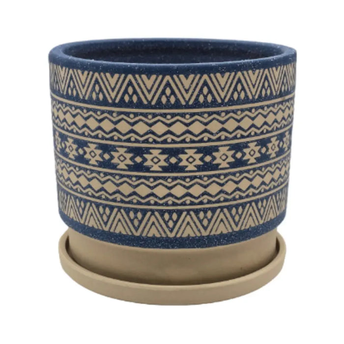 Macetero Maceta De Ceramica Azul Con Patrones Beige L - Fliperex