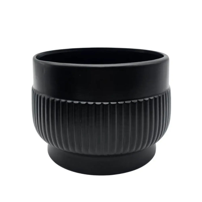 Macetero Maceta De Ceramica Lineas Relieve Negro M - Fliperex