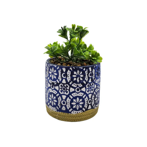 Planta Artificial Macetero Cerámica Antiguo Vintage Azul - Fliperex