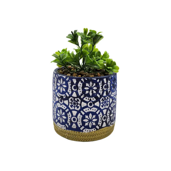 Planta Artificial Macetero Cerámica Antiguo Vintage Azul - Fliperex