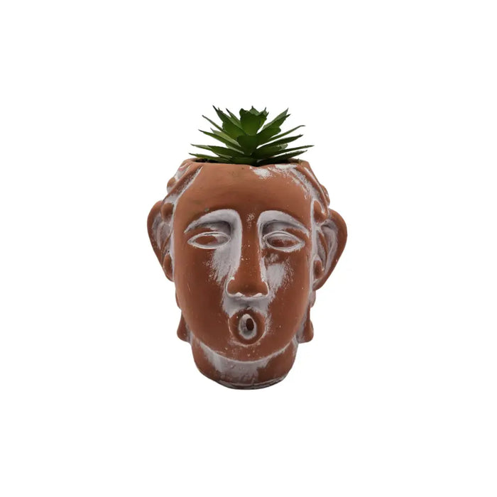 Planta Artificial Macetero Cerámica Rostro Cara Naranjo - Fliperex