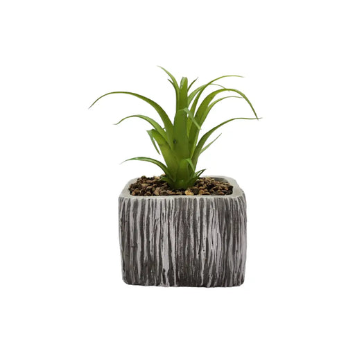 Planta Artificial Macetero Cerámica Vintage Cubo Gris Líneas - Fliperex