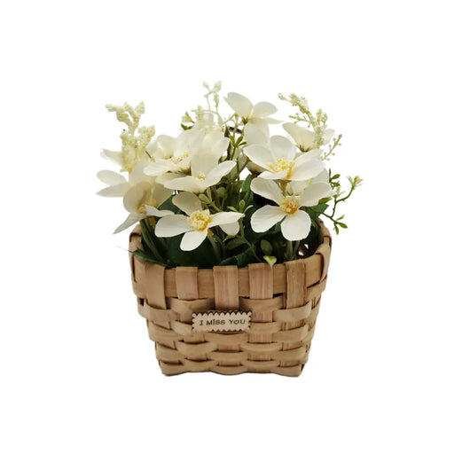 Planta Artificial Macetero Estilo Mimbre Flores Blancas - Fliperex