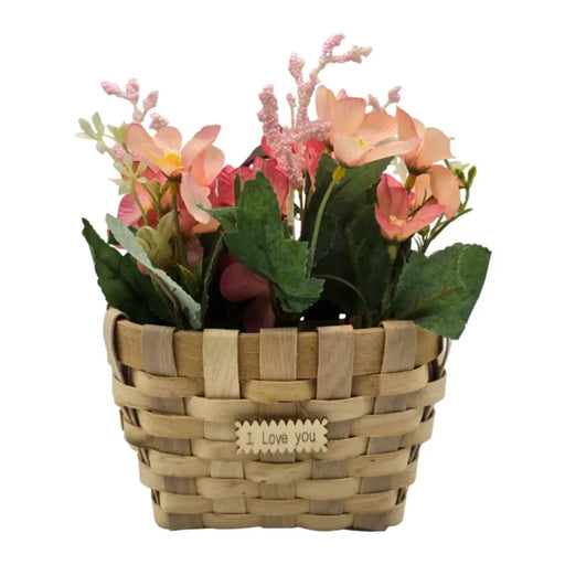 Planta Artificial Macetero Estilo Mimbre Flores Rosados - Fliperex