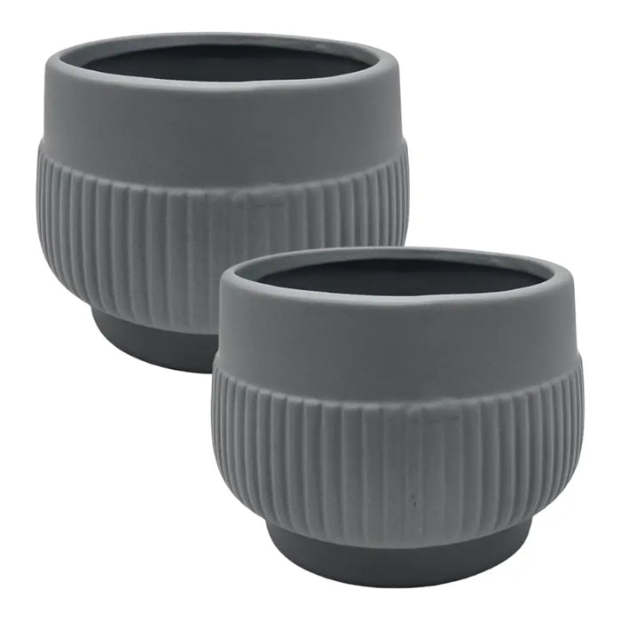 Set 2 Macetero Maceta Acabado Mate Gris Con Lineas Relieve - Fliperex