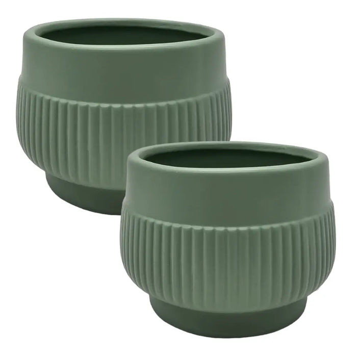 Set 2 Macetero Maceta Acabado Mate Verde Con Lineas Relieve - Fliperex