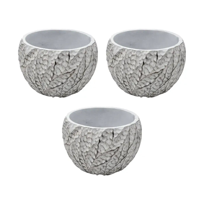 Set 3 Macetero Maceta Acabado Cemento Relieve Hojas Blanco M - Fliperex