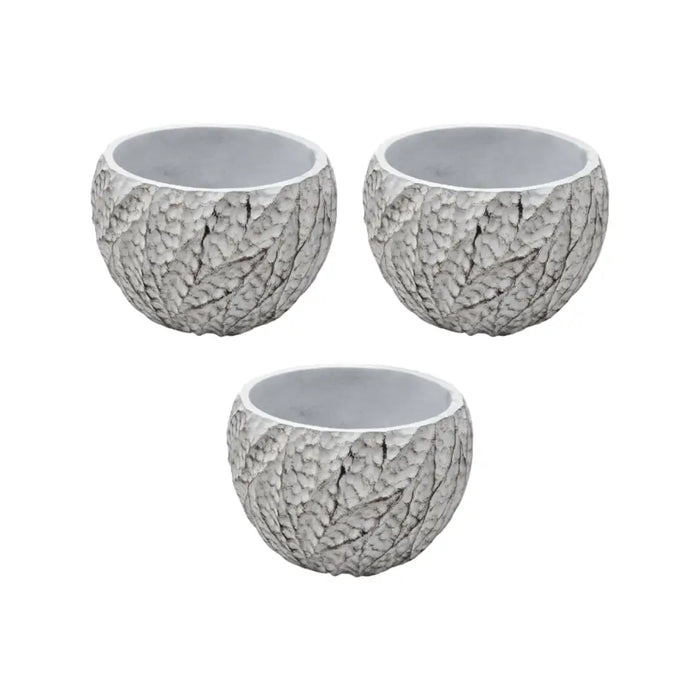 Set 3 Macetero Maceta Acabado Cemento Relieve Hojas Blanco S - Fliperex
