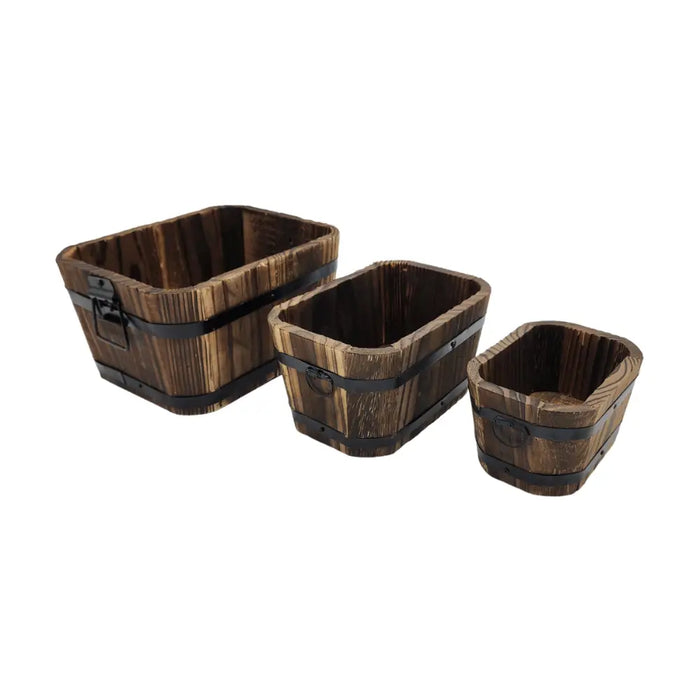 Set 3 Maceteros De Madera Tipo Barril Rectangular De Jardin - Fliperex