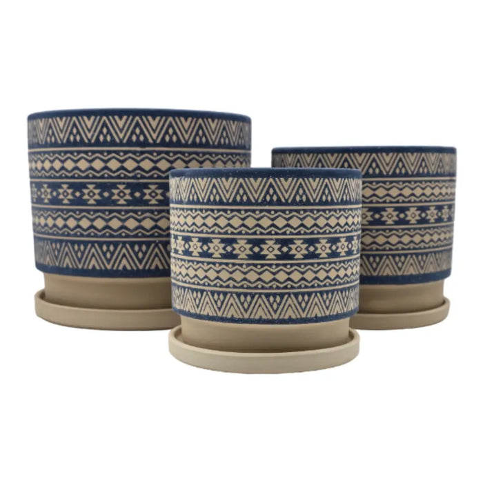 Set 3 Maceteros Maceta De Ceramica Azul Con Patrones Beige - Fliperex
