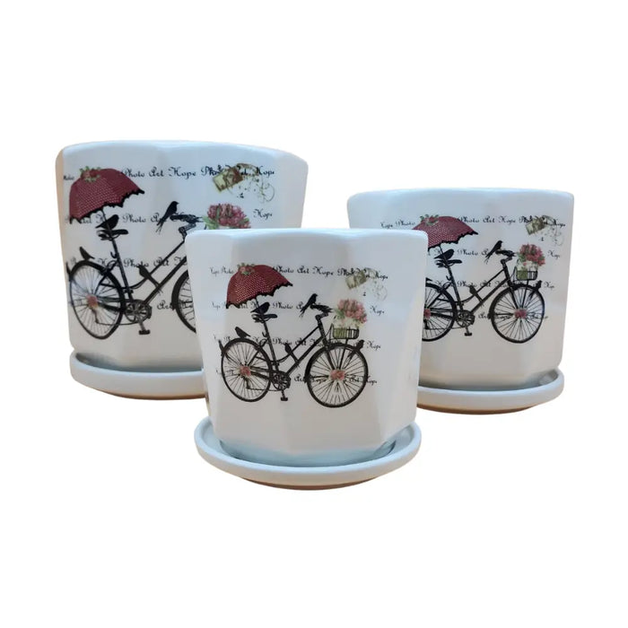 Set 3 Maceteros Maceta De Cerámica Blanco Diseño Bicicleta - Fliperex