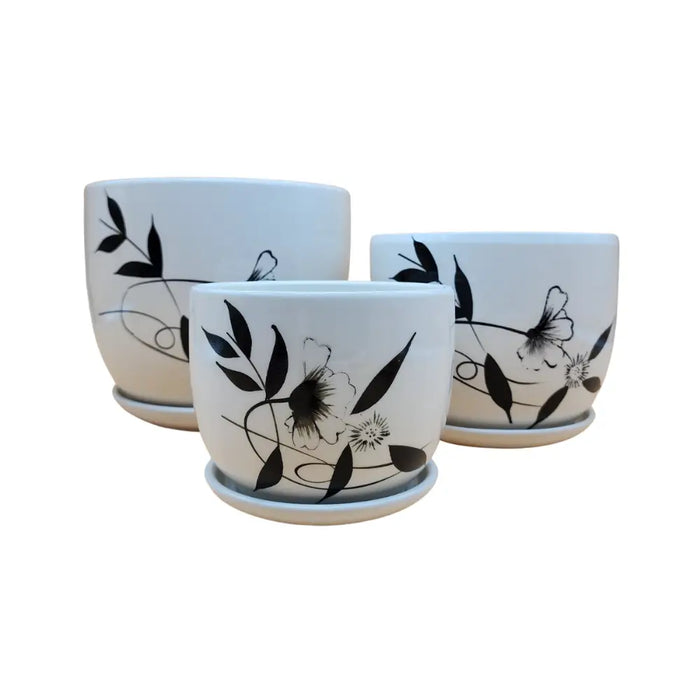 Set 3 Maceteros Maceta De Cerámica Blanco Diseño Flores - Fliperex