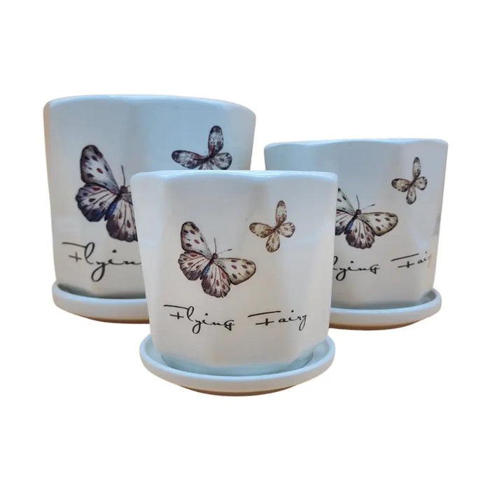 Set 3 Maceteros Maceta De Cerámica Blanco Diseño Mariposas - Fliperex