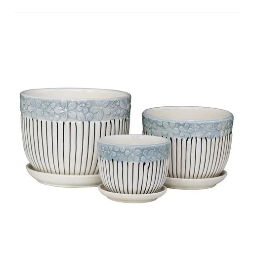 Set 3 Maceteros Maceta De Cerámica Blancos Flores Y Líneas - Fliperex
