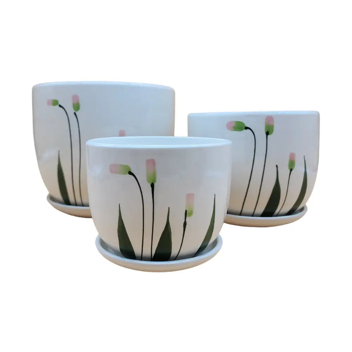 Set 3 Maceteros Maceta De Cerámica Diseño Flores Verdes - Fliperex