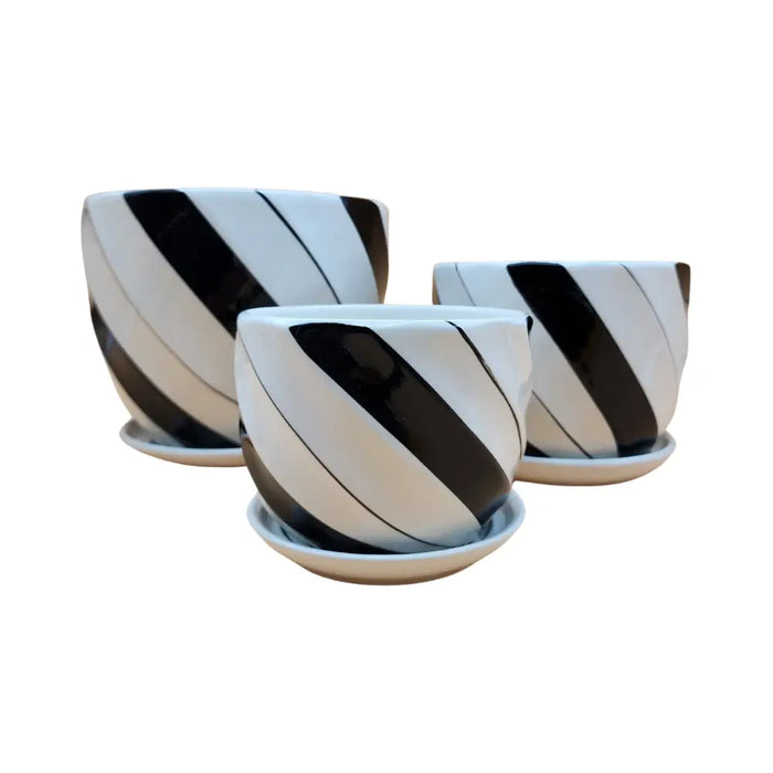Set 3 Maceteros Maceta De Cerámica Diseño Lineas Negras - Fliperex
