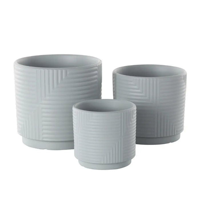 Set 3 Maceteros Maceta De Ceramica Gris Con Lineas Cuadradas - Fliperex