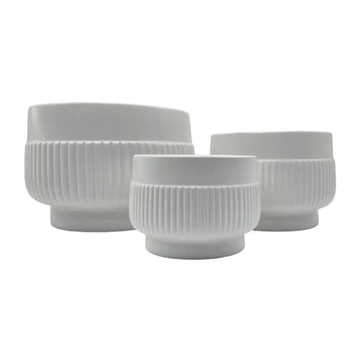 Set 3 Maceteros Maceta De Ceramica Lineas Relieve Blanco - Fliperex