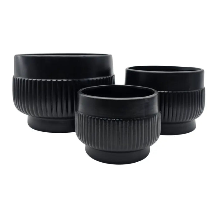 Set 3 Maceteros Maceta De Ceramica Lineas Relieve Negro - Fliperex