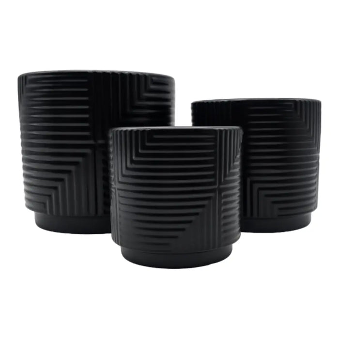 Set 3 Maceteros Maceta De Ceramica Negro Con Lineas Cuadrada - Fliperex