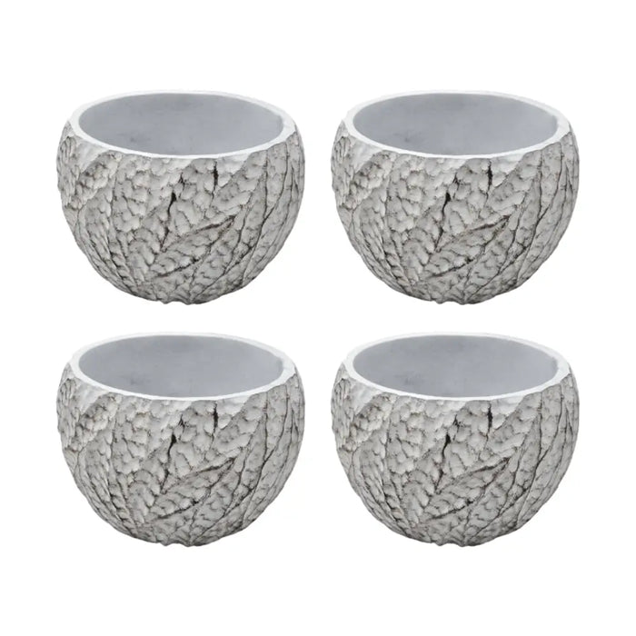 Set 4 Macetero Maceta Acabado Cemento Relieve Hojas Blanco S - Fliperex