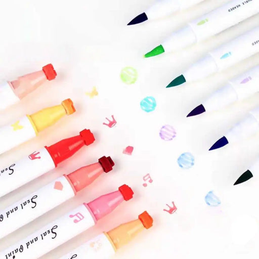 Set 6 Lapices Marcadores Doble Punta Con Timbres Diseños - Fliperex