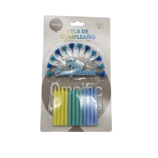 Set De 12 Velas De Cumpleaños Celeste Rosado Con Decorativo - Fliperex