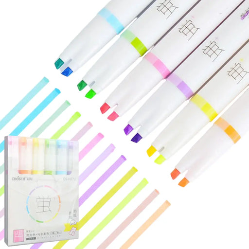 Set Lapices 12 Colores Marcadores Destacador 2 En 1 Stickers - Fliperex