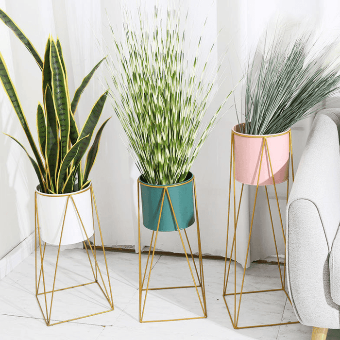 Porta Macetero Pedestal Maceta Plantas Blanco Dorado Mediano - Fliperex