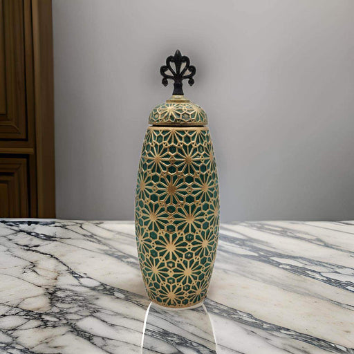 Jarron Florero Ceramica Verde Patrones En Dorado Alargado - Fliperex