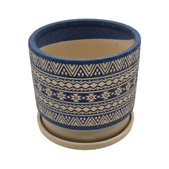 Macetero Maceta De Ceramica Azul Con Patrones Beige M - Fliperex